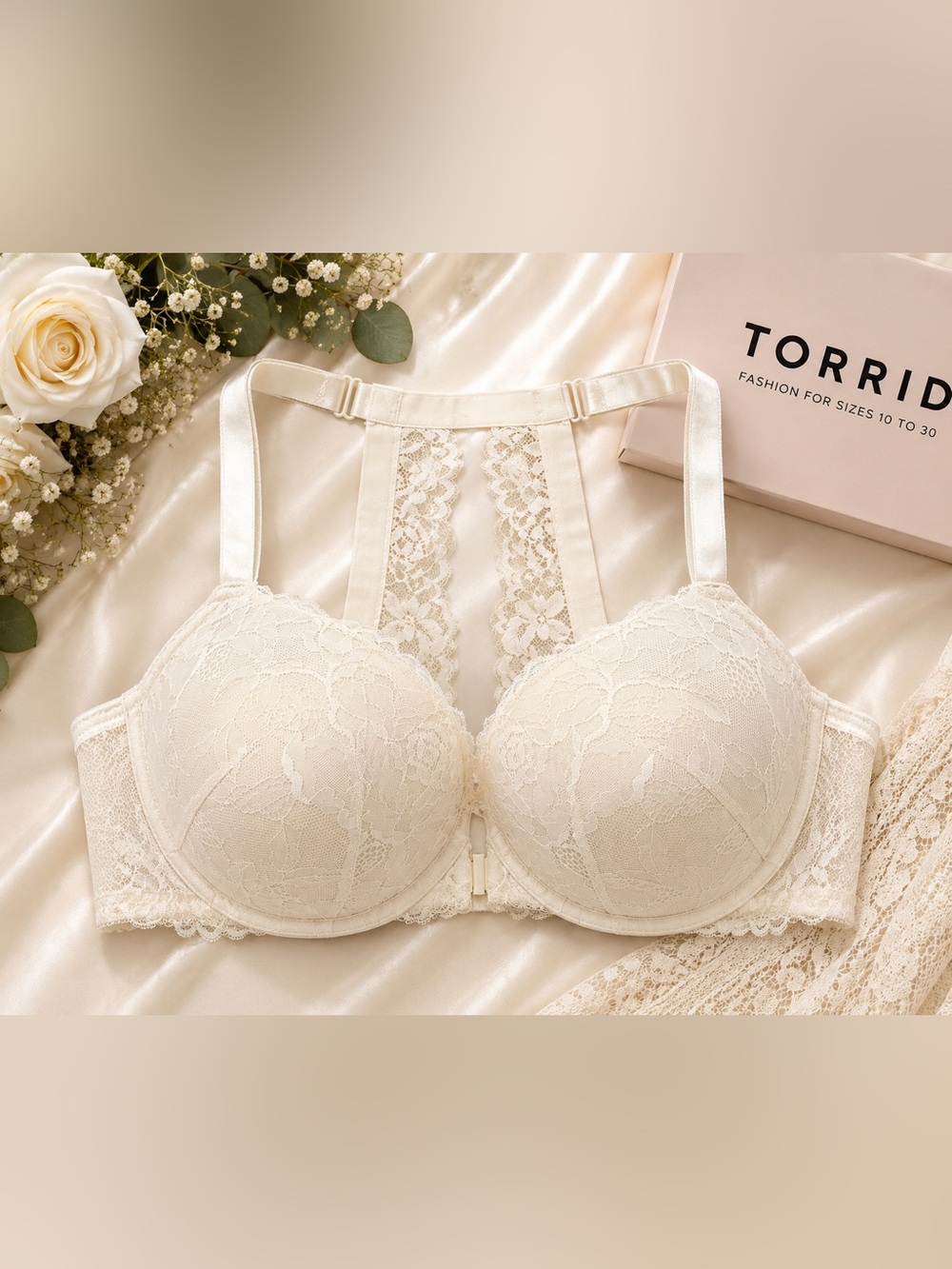 Torrid 44D Ivory Floral Lace Racerback Underwire Bra Plus Size